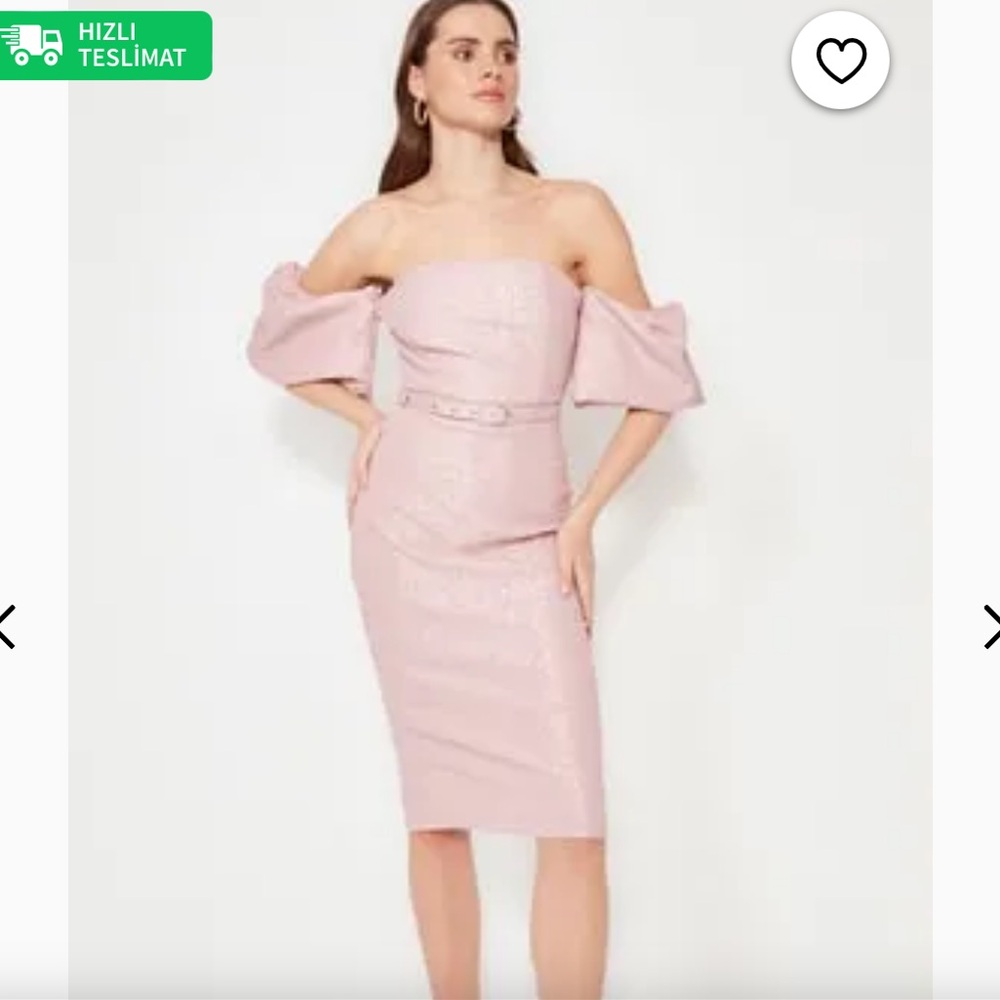 New Trendyol Milla Pink Belted Textured Puff Sleeve Dress